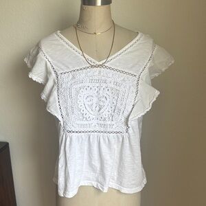 Lucky Brand White Crochet Panel Flutter Sleeve Top